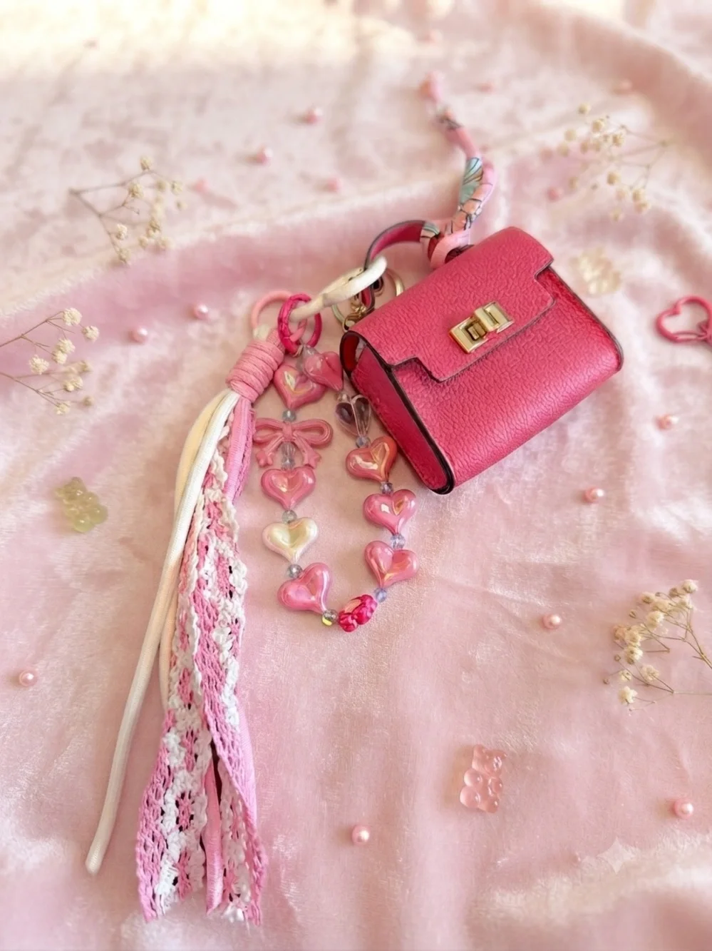 Pink Mini Crossbody Bag Charm with Heart Bead Strap keychain